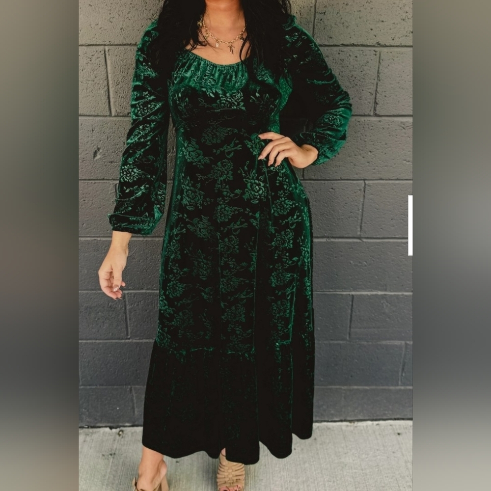 Velvet Embossed Long Sleve Maxi Dress